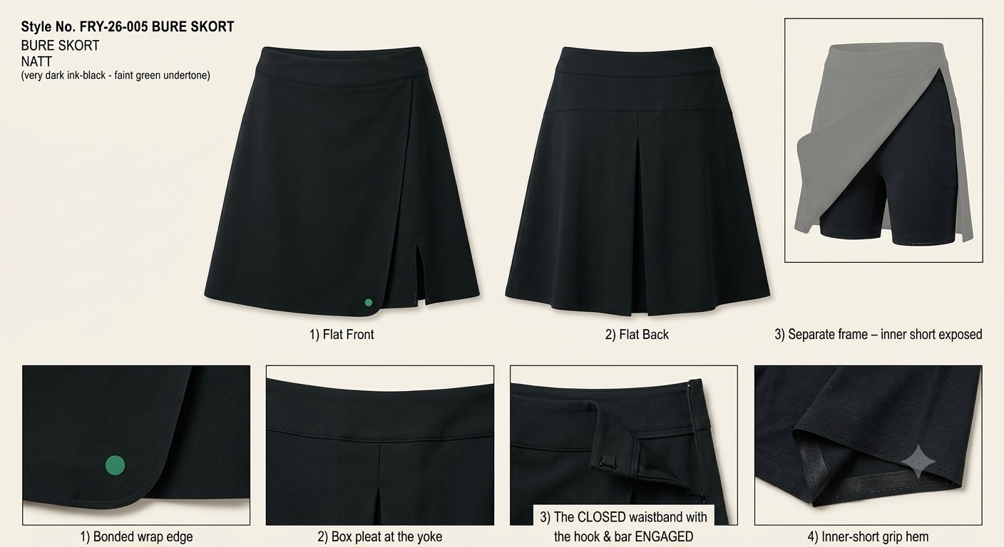 Bure Skort in Natt, a very dark ink-black with a faint green undertone: flat front and back of a wrap skort, a cutaway frame exposing the inner short, and detail frames of the bonded wrap edge with the green dot, the box pleat at the yoke, the closed waistband with hook and bar engaged, and the inner-short grip hem.
