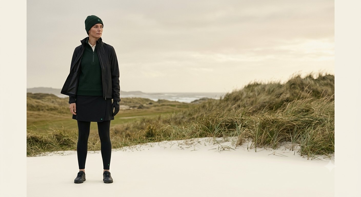 A woman on a windswept links course in the full FRØYA look, deep-pine beanie and mid-layer under an open near-black shell, wrap skort over a black tight, glove in hand, with dune grass and grey sea behind her.