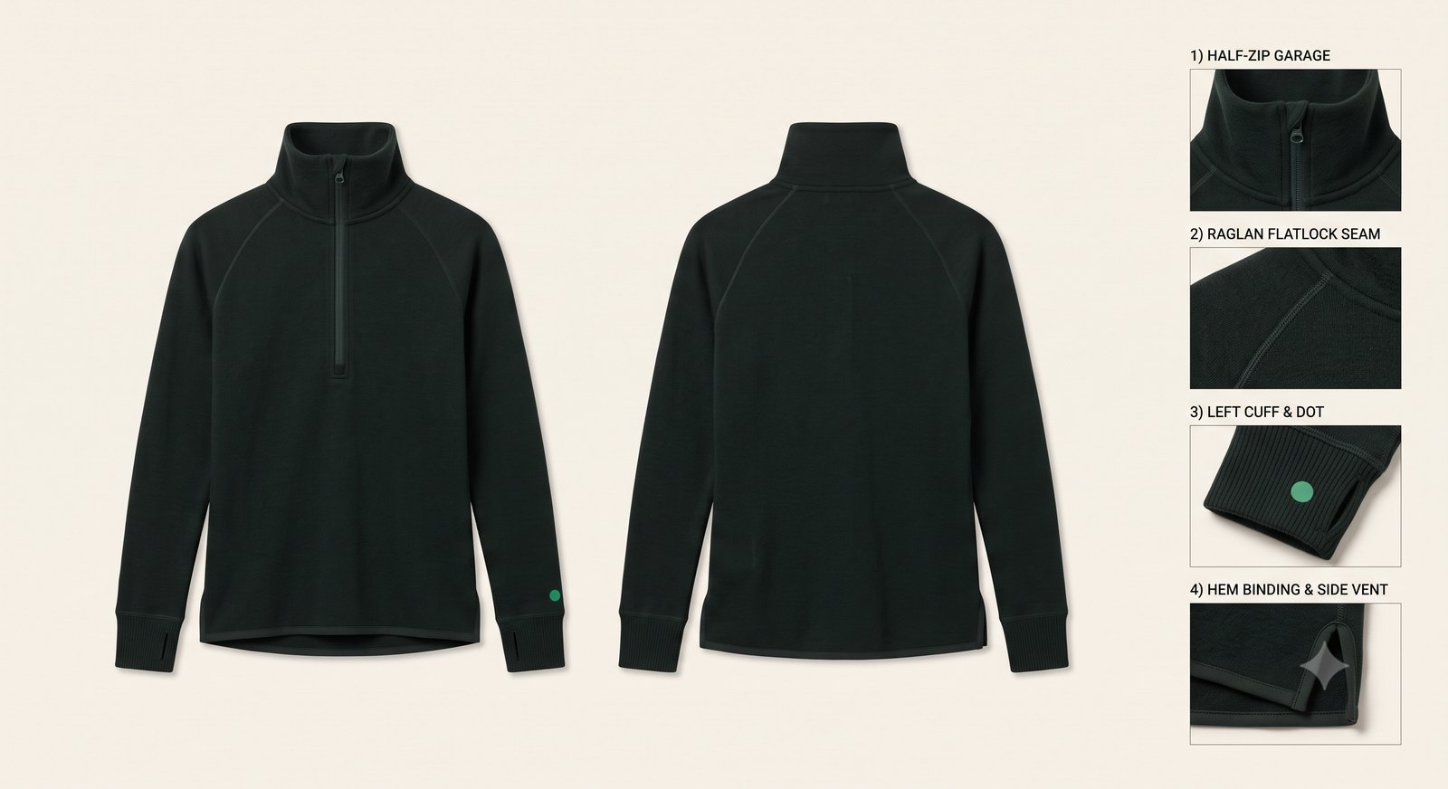 Fjell Mid-Layer W in deep pine: flat front and back of a half-zip raglan mid-layer, with detail frames showing the half-zip garage, a raglan flatlock seam, the left cuff with the green dot, and the hem binding and side vent.