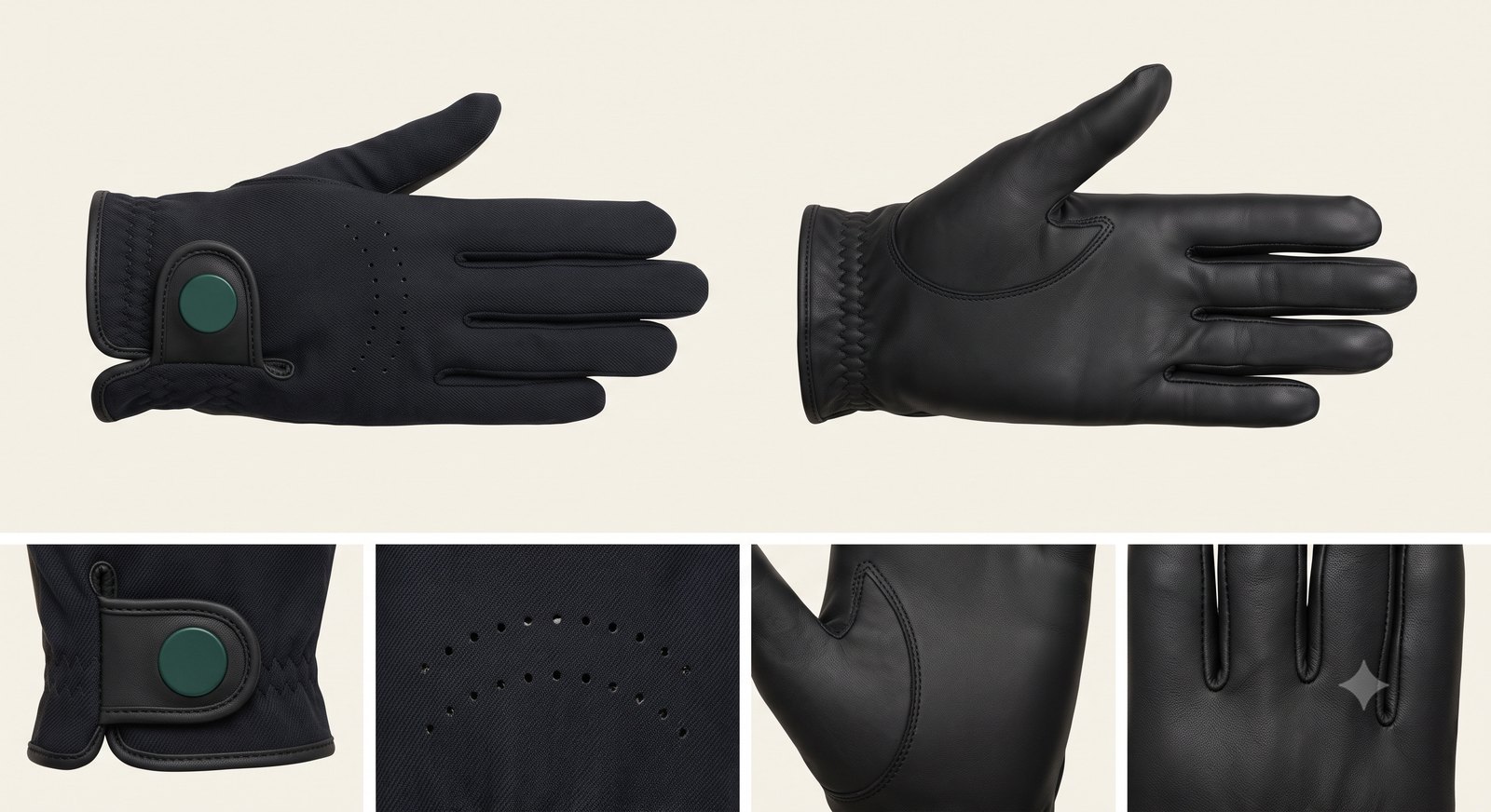 Grep Glove: the bonded twill back with a green closure tab and ventilation perforations alongside the cabretta leather palm, with detail frames of the closure tab, the perforation pattern, the thumb seam, and the palm with a reflective marker.