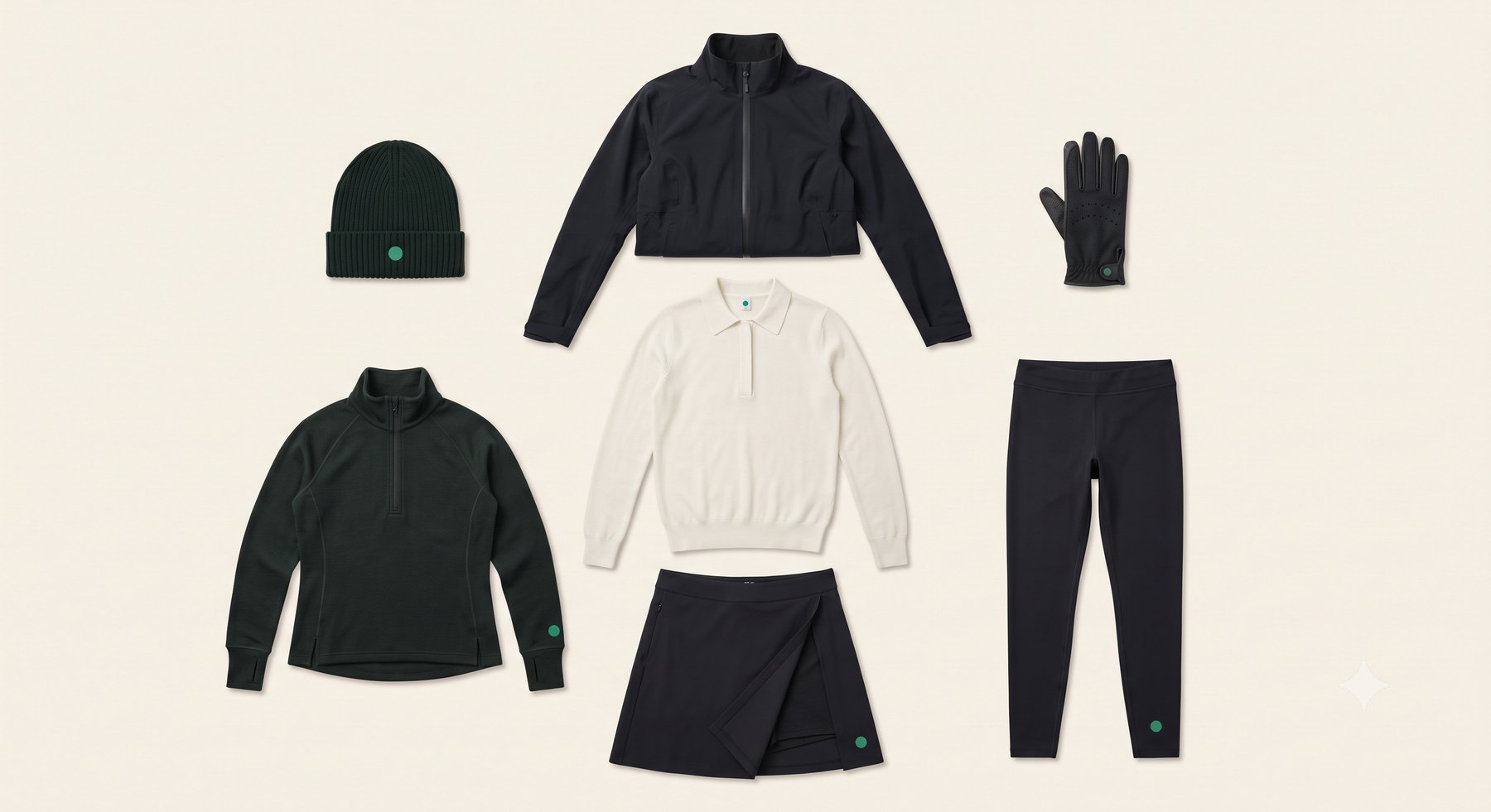 Look 01 Vintergrønn laid flat: the deep-pine beanie, the near-black shell, the glove, the deep-pine mid-layer, the bone polo, the wrap skort and the black tight arranged as one wardrobe.