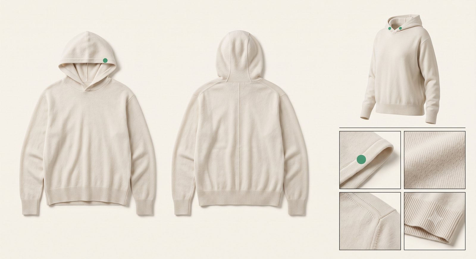 Lyng Cashmere Hood W in bone: flat front, back and a three-quarter view of a knitted cashmere hoodie, with detail frames of the cuff and green dot, the knit face, the raglan join, and the ribbed hem.