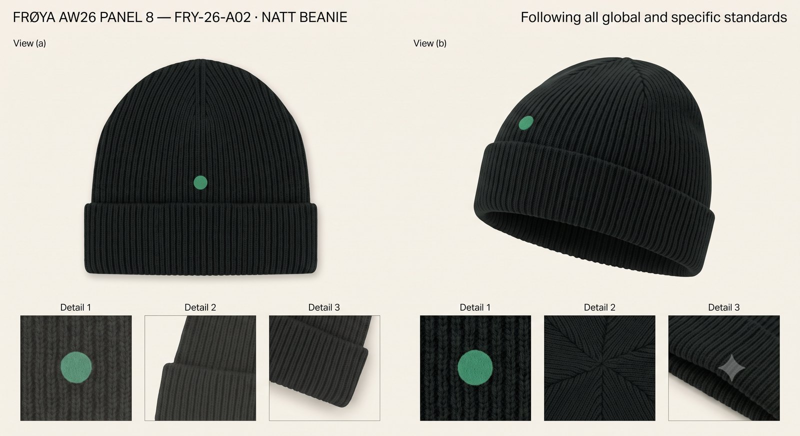 Natt Beanie in near-black boiled merino rib: a straight-on view and a three-quarter view of a cuffed ribbed beanie with the green dot on the cuff, above detail frames of the dot, the rib structure, the crown decrease and the cuff edge.