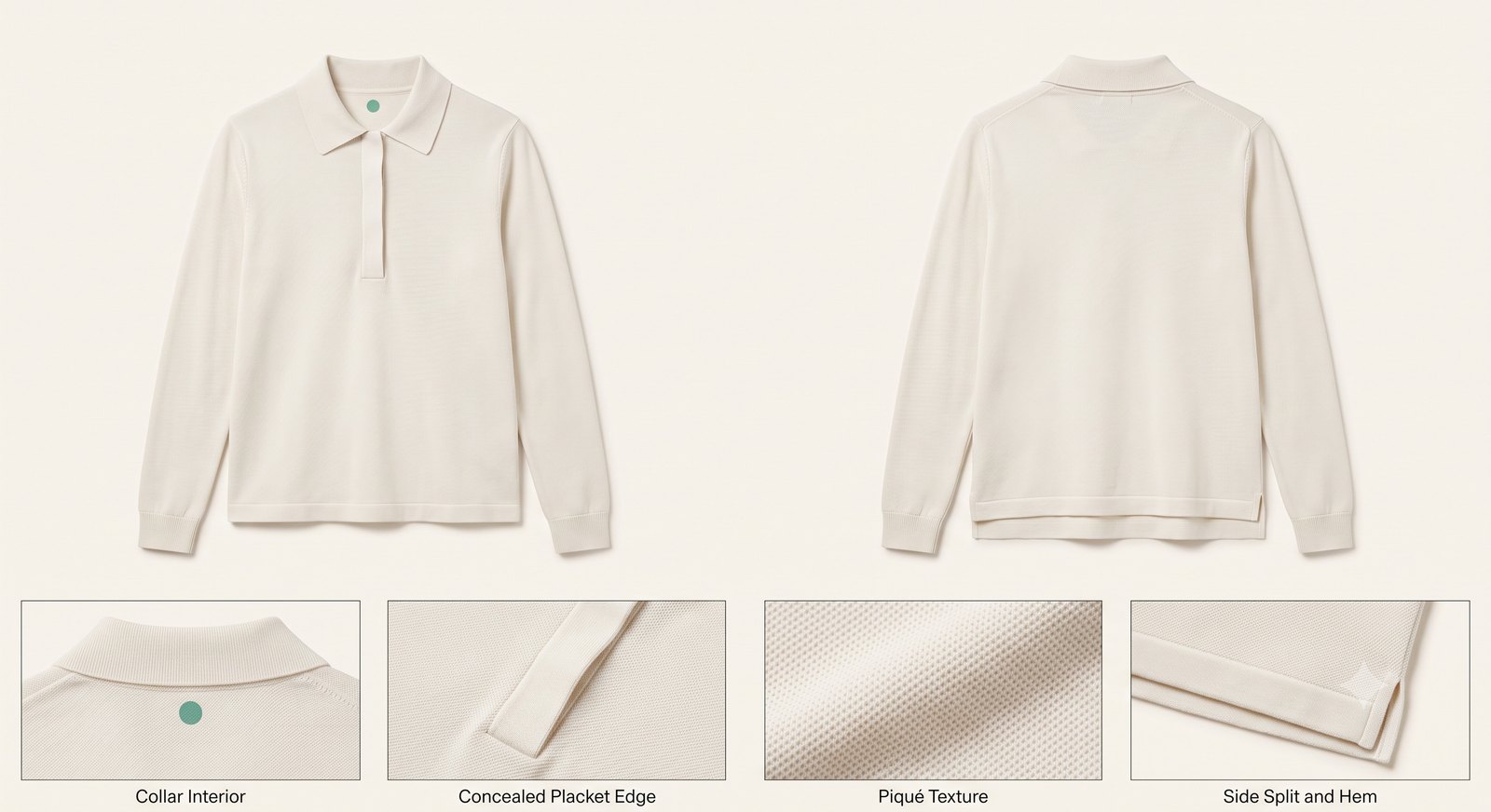 Solvik Polo W in bone: flat front and back of a long-sleeved knitted polo with a concealed placket, with detail frames of the collar interior and its green dot, the placket edge, the piqué texture, and the side split and hem.