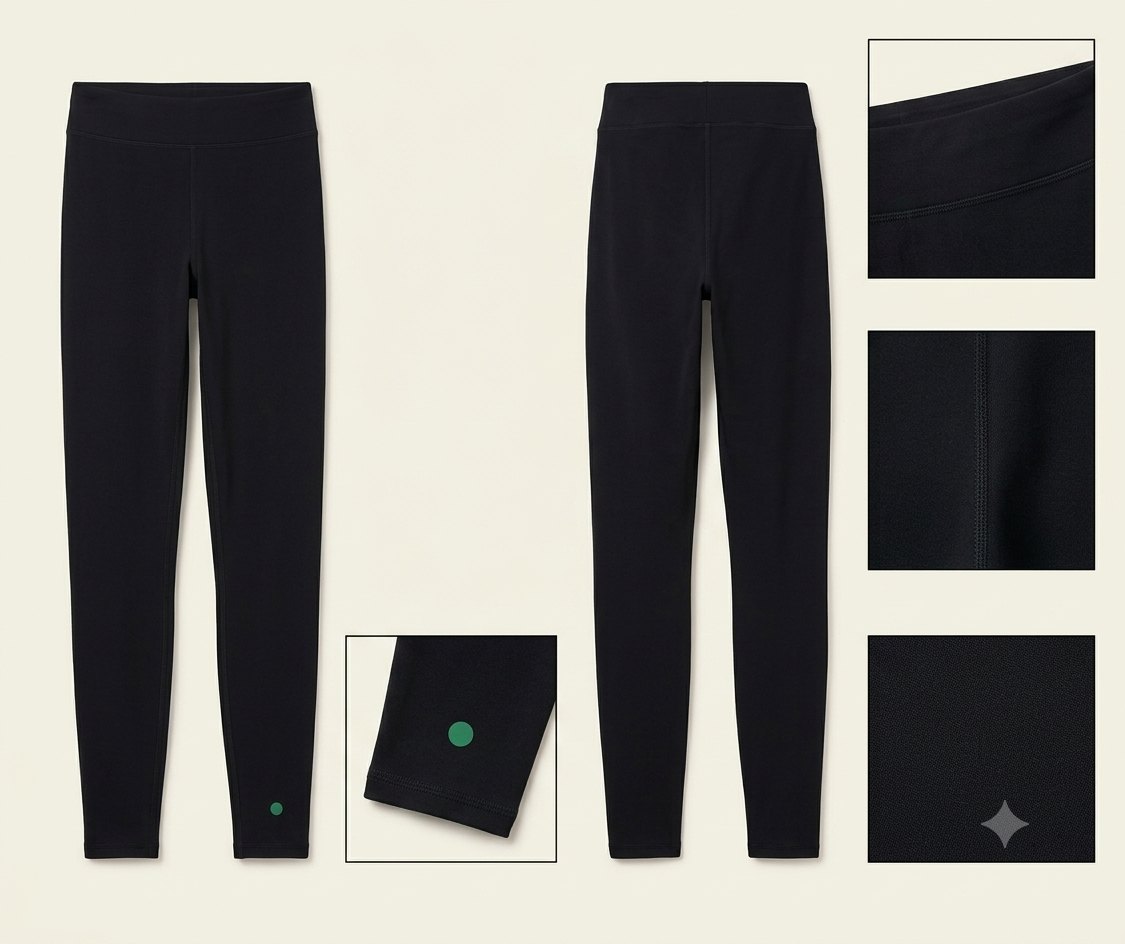 Strand Tight in black: flat front and back of a full-length compression tight, with detail frames of the contoured waistband, a flatlock seam, the ankle hem with the green dot, and the knit face with a reflective marker.