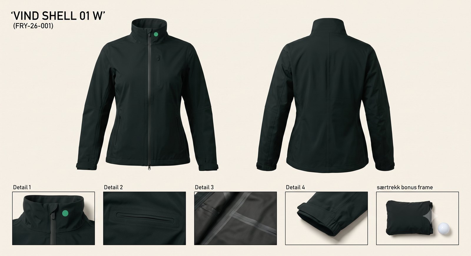 Vind Shell 01 W in near-black: flat front and back views of a women's technical golf shell with a stand collar and zipped hand pockets, with detail frames showing the collar dot, a welted chest pocket, taped interior seams, the cuff, and the shell packed down beside a golf ball.